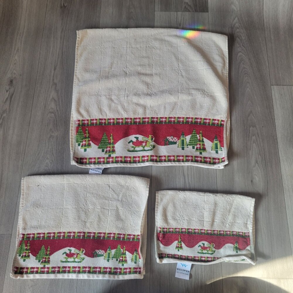 Welspun Christmas-Themed Cotton Towel Set Christmas Trees Cabin Sledding